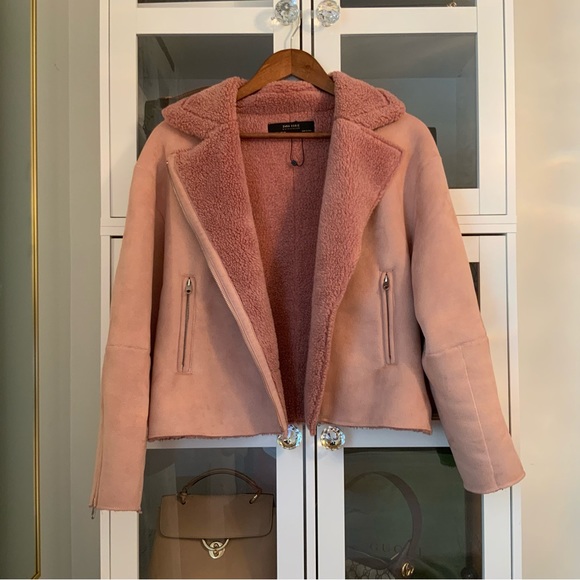 Zara Faux Suede Shearling Winter Moto Jacket Size L - Picture 4 of 9